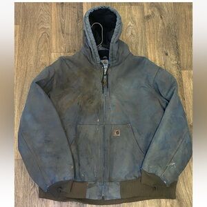 Carhartt Men's Hooded workwear Jacket Faded Blue dye w/ Brown Trim vintage Sz XL